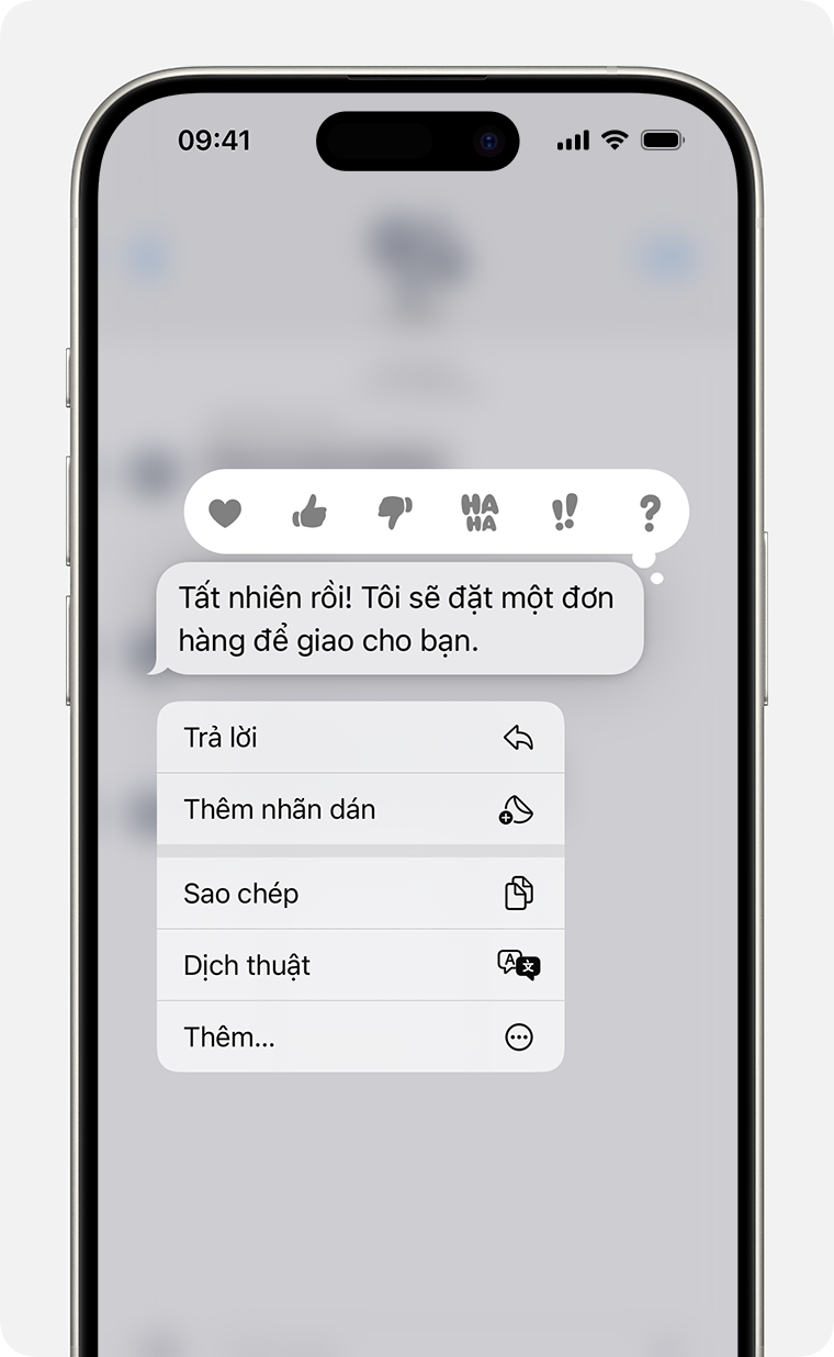 iPhone hiển thị menu trả lời trực tiếp sau khi bạn chạm và giữ bong bóng tin nhắn để gửi câu trả lời trực tiếp