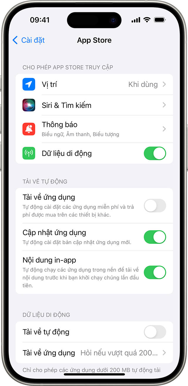 iPhone hiển thị các tùy chọn App Store trong phần Cài đặt, bao gồm cả Cập nhật ứng dụng.