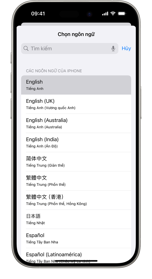 Tùy chọn Tiếng Pháp được đánh dấu trong danh sách các ngôn ngữ hệ thống có thể sử dụng trên một chiếc iPhone.
