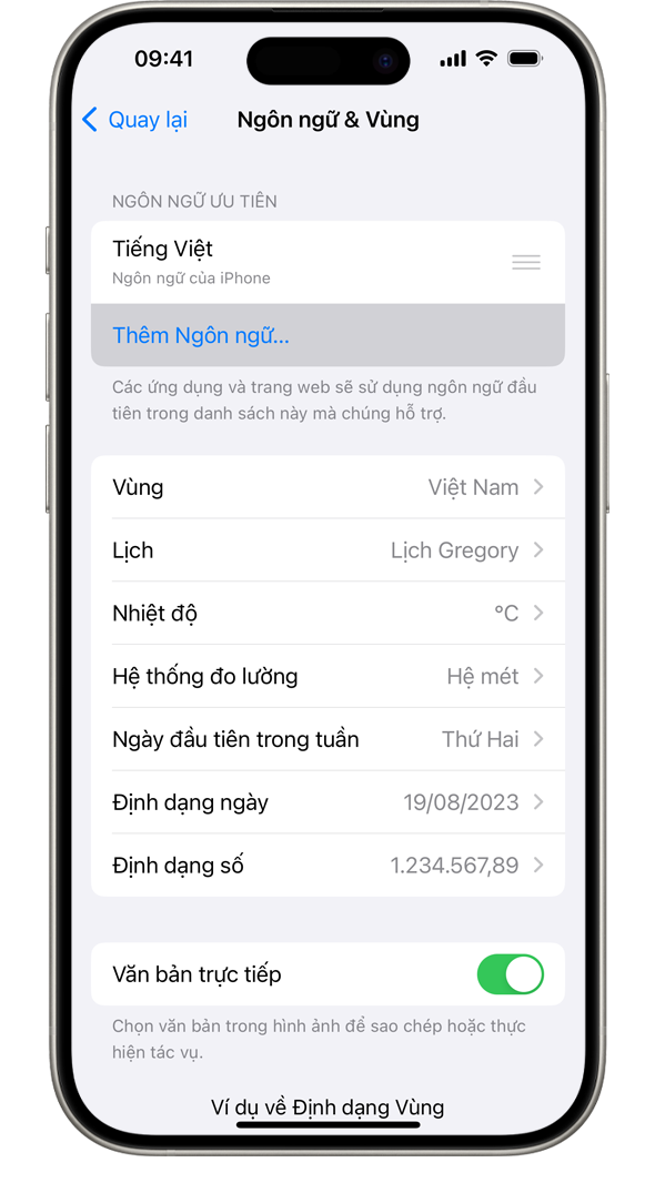 Tùy chọn Thêm ngôn ngữ được đánh dấu trong menu Ngôn ngữ & vùng trên một chiếc iPhone.