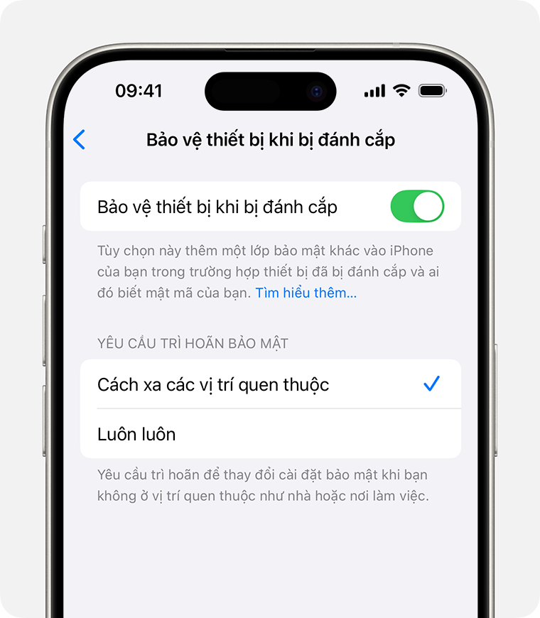 Trong cài đặt Face ID & Mật mã trên iPhone, bạn có thể bật hoặc tắt tính năng Bảo vệ thiết bị khi bị đánh cắp và chọn trường hợp yêu cầu các biện pháp bảo mật bổ sung.