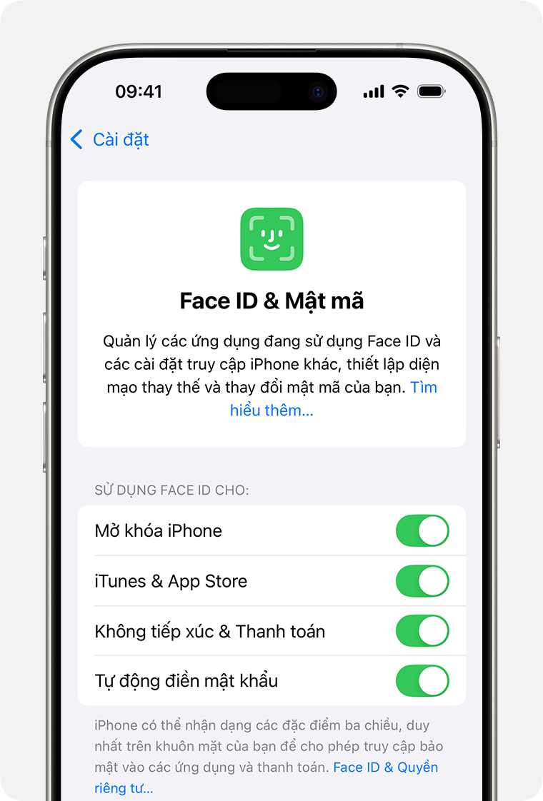 Trang cài đặt iOS cho Face ID & mật mã.