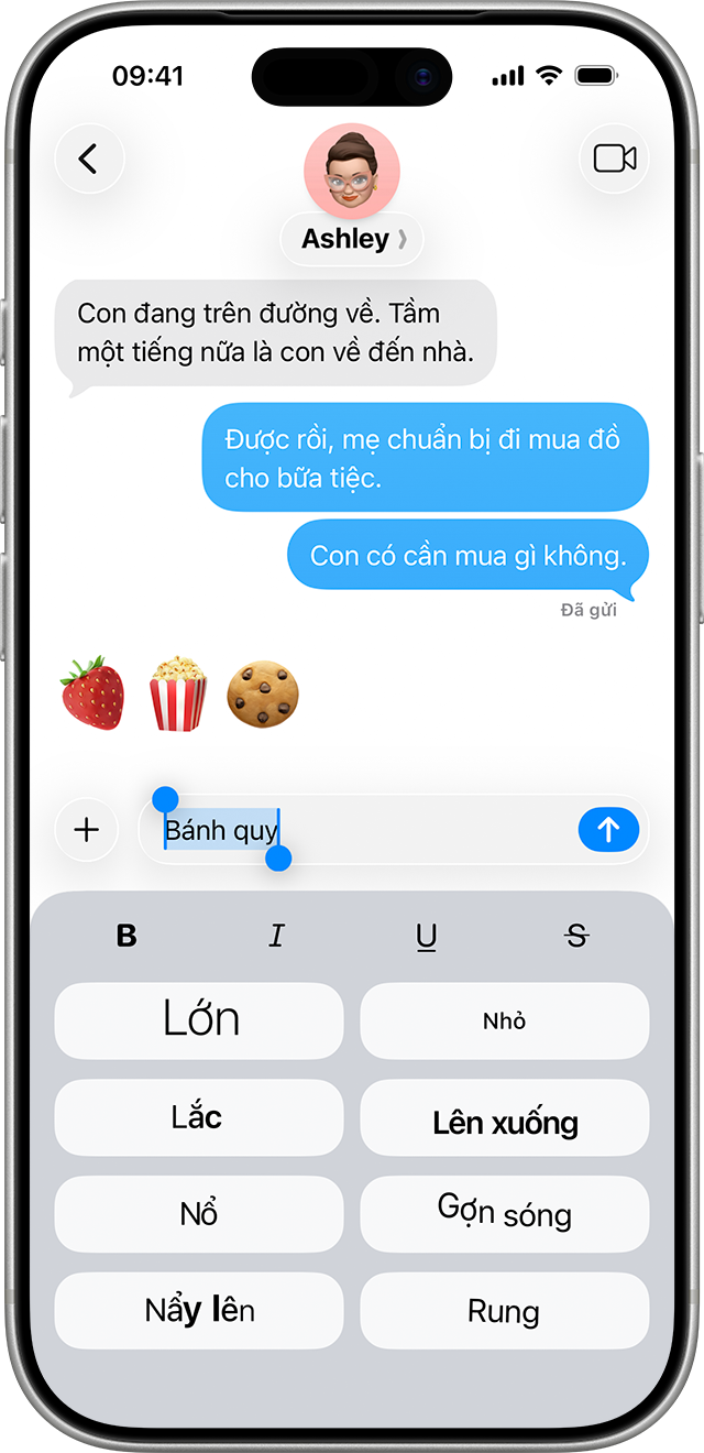 Trong iOS 26, bạn có thể thêm các tùy chọn định dạng và hiệu ứng như văn bản rung lắc vào tin nhắn.