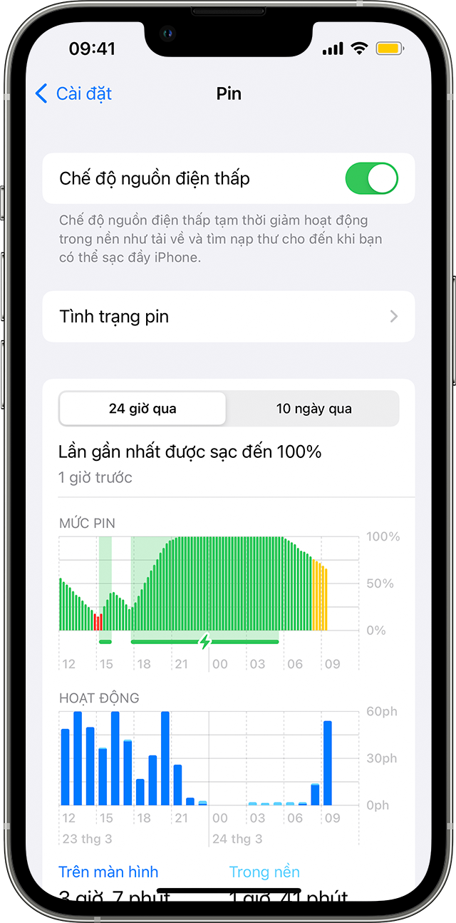 Một chiếc iPhone đang mở màn hình Cài đặt > Pin. Chế độ nguồn điện thấp đang bật và biểu tượng pin màu vàng xuất hiện trên thanh trạng thái.