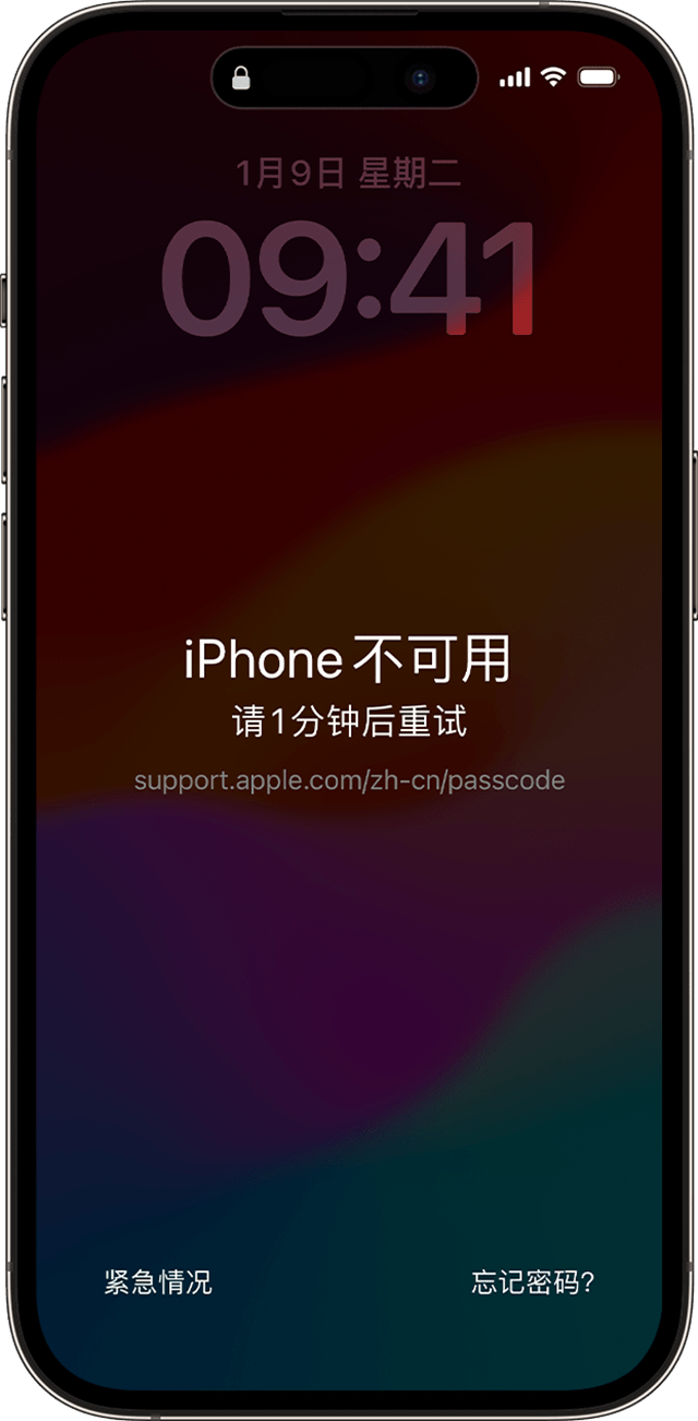 在 iOS 17 或更高版本中，“iPhone 不可用”屏幕包含“忘记密码？”选项。
