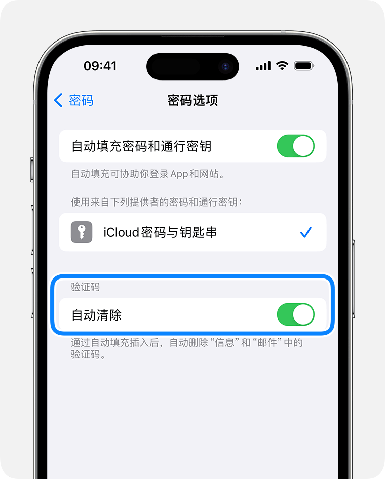 在 iOS 17 及更高版本中，“信息”可在你使用密码验证码后自动删除包含这个验证码的信息。