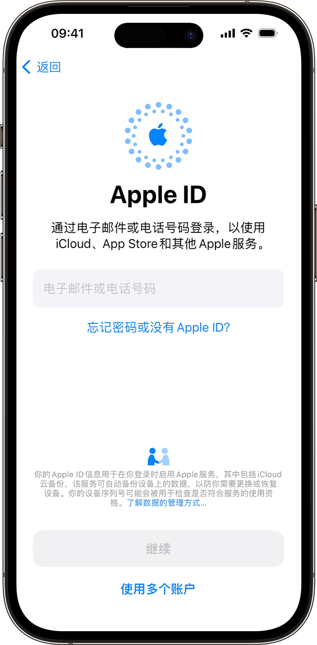 在 iOS 17 的 iPhone 设置过程中，使用你的电子邮件地址或电话号码来登录你的 Apple ID。