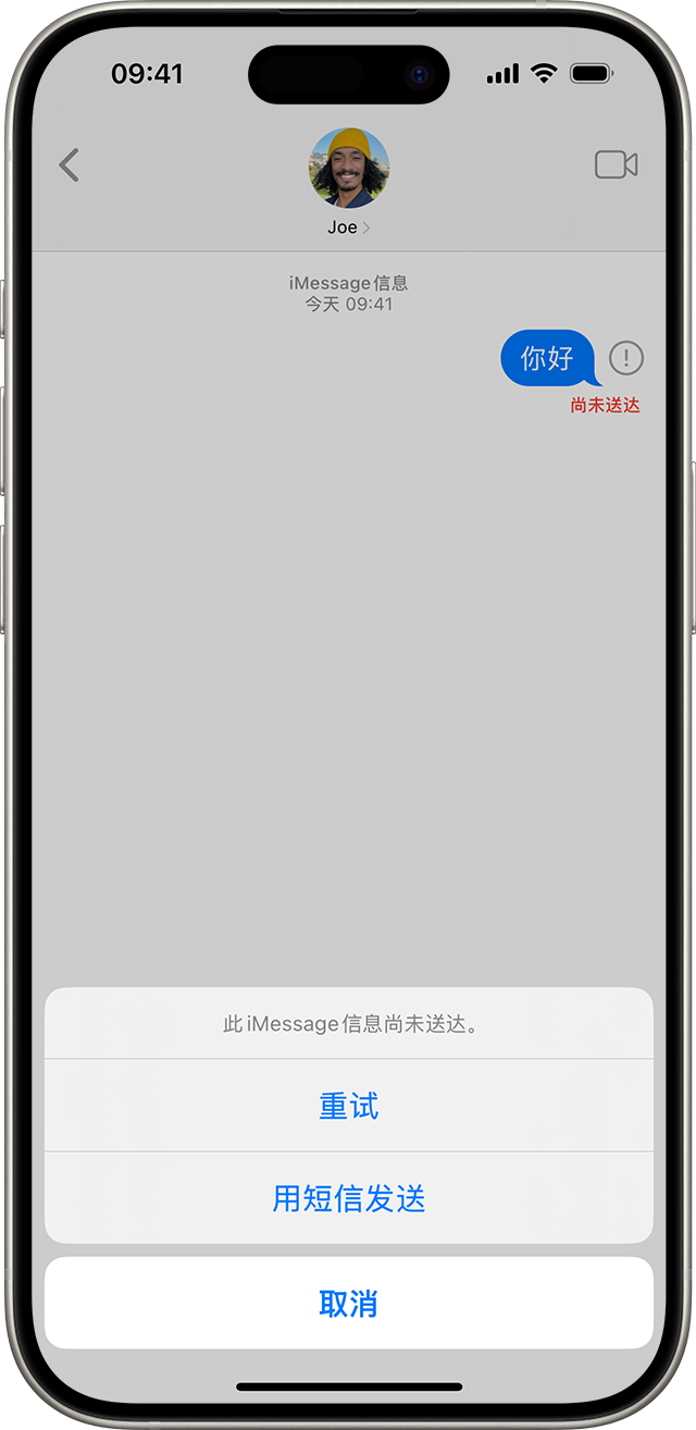 当 iMessage 信息无法发送信息时，会出现一个红色感叹号，你可以选择重试或用短信发送。