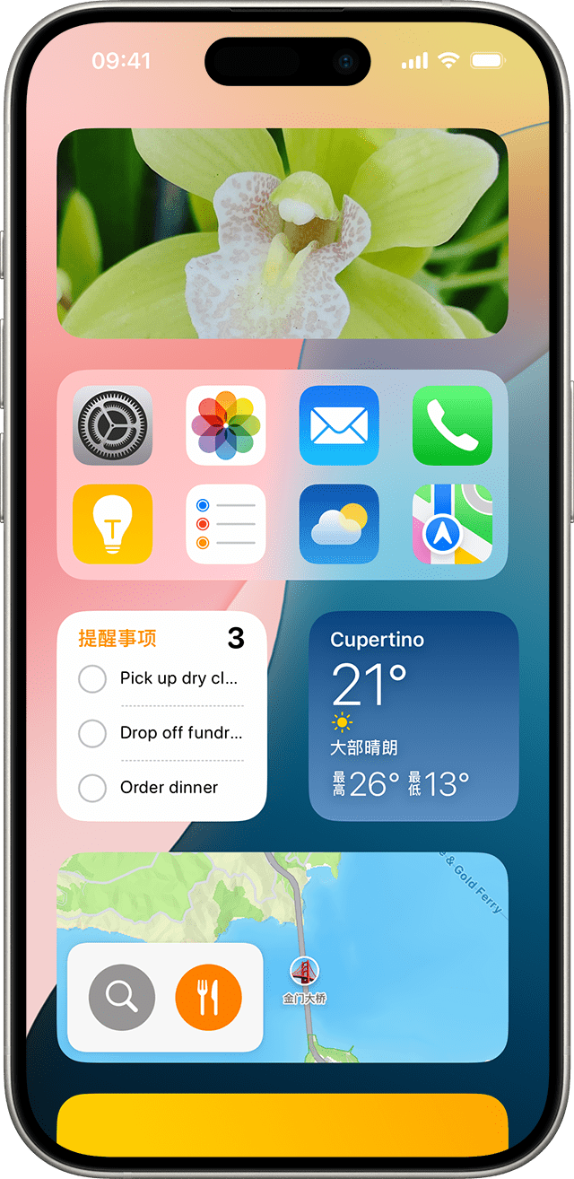 屏幕中显示了 iPhone 上的小组件