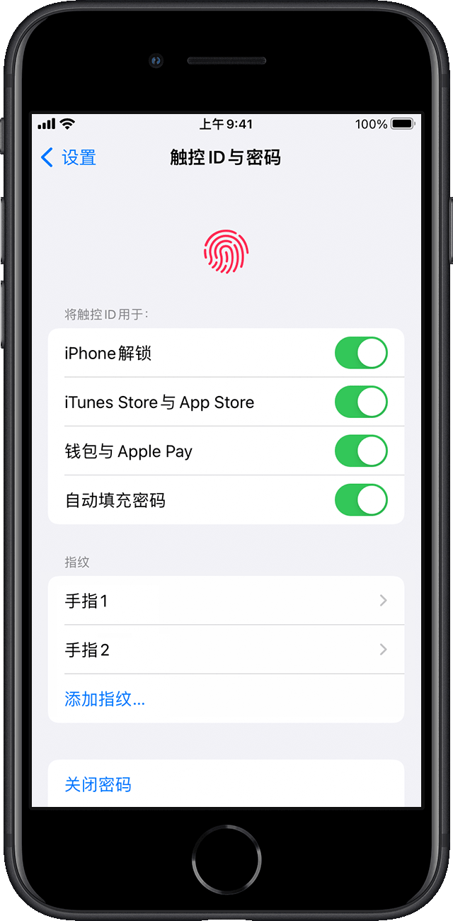 装有 iOS 15 的 iPhone SE，“设置”>“触控 ID 与密码”