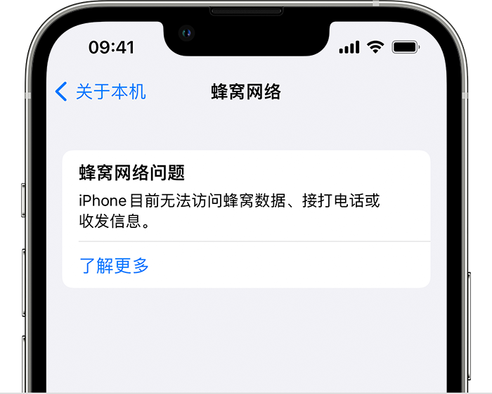 装有 iOS 15 的 iPhone 13 Pro，其中的设置部分显示存在蜂窝网络问题