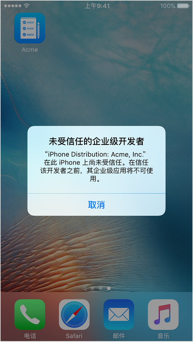 iPhone 屏幕上显示“不受信任的企业开发者”信息