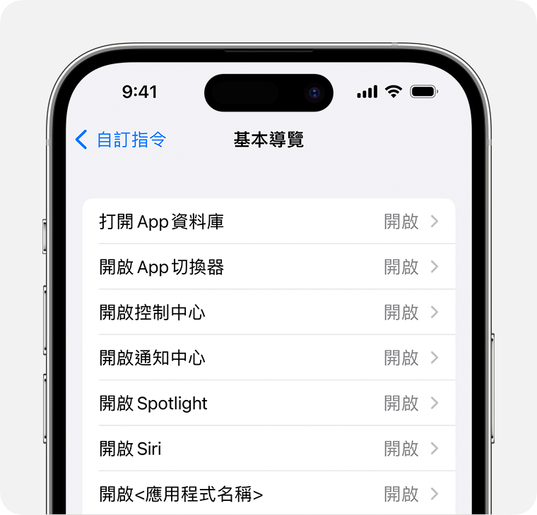 iPhone 顯示「基本導覽」指令選單。
