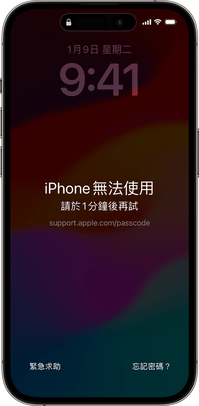 iOS 17 或之後版本的「iPhone 無法使用」畫面包括「忘記密碼？」選項。