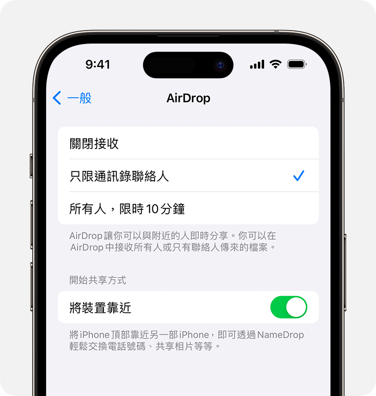 iPhone 目前顯示 AirDrop 設定並已選擇「只限通訊錄聯絡人」。