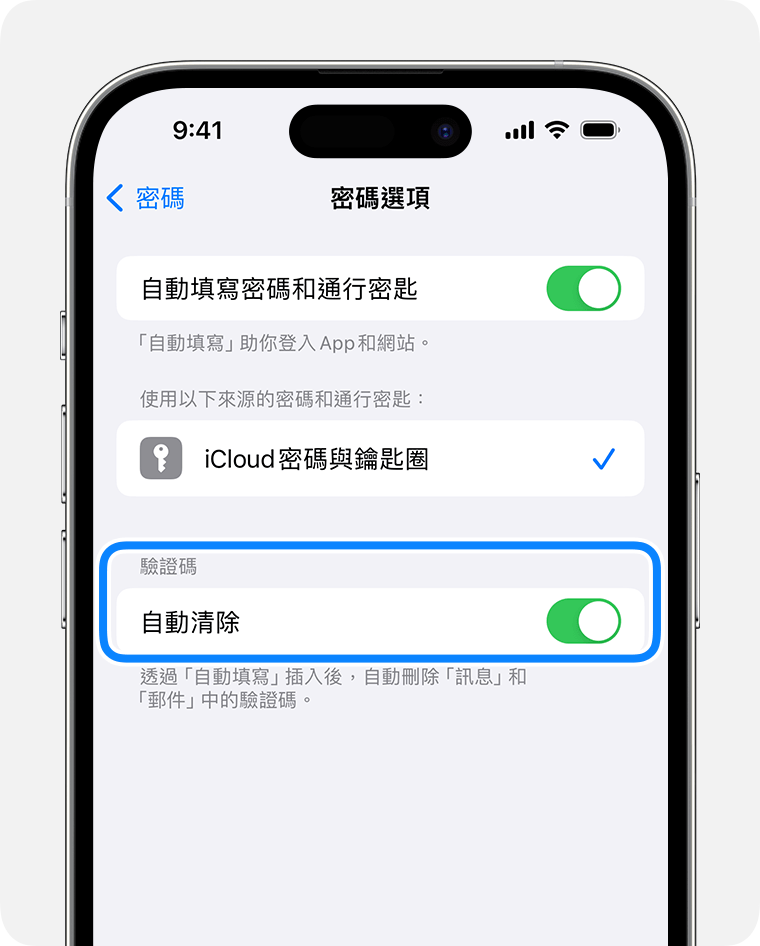 在 iOS 17 或之後版本中，「訊息」可以在你使用密碼驗證碼後自動刪除載有該驗證碼的訊息。