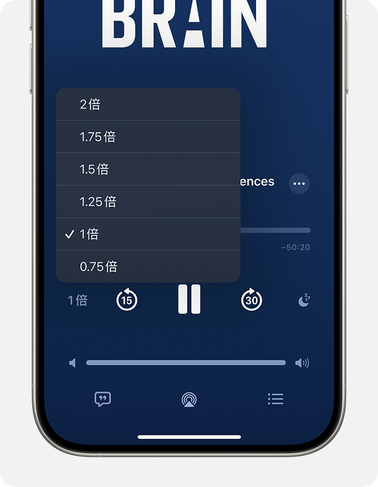iPhone 上顯示 Podcast 的迷你播放器。播放器左下方附近目前選擇了「播放速度」按鈕 (樣子是「1x」)，並開啟了「播放速度」選單。選單選項包括 2x、1.75x、1.5x、1.25x、1x 和 0.75x目前選擇的是「1x」。