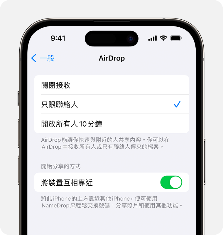 iPhone 顯示 AirDrop 設定，已選取「只限聯絡人」。