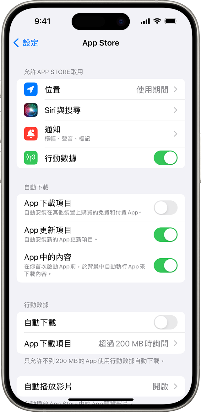 iPhone 顯示「設定」中的 App Store 選項，包括「App 更新項目」。
