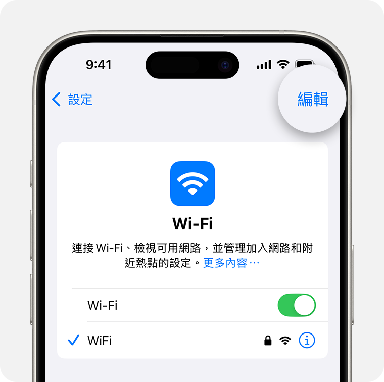 在 iOS 中，若要尋找先前連接過的 Wi-Fi 網路密碼，請前往「設定」>「Wi-Fi」>「編輯」，然後點一下網路旁的「資訊」按鈕。