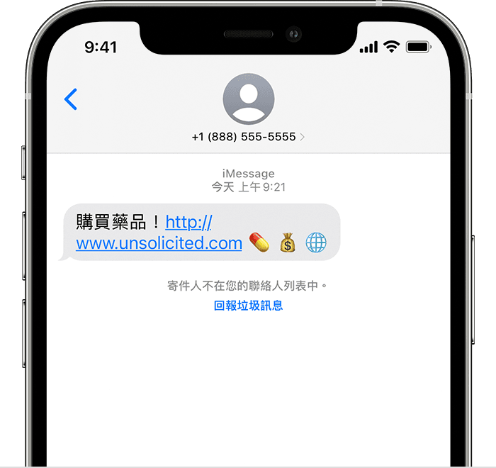 iPhone 顯示將 iMessage 回報為垃圾訊息的選項