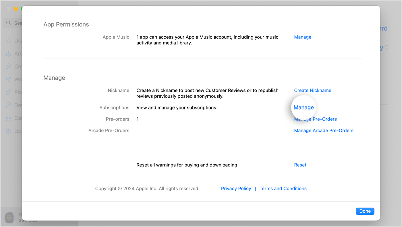 Ekran systemu macOS przedstawiający opcję Zarządzaj ustawieniami subskrypcji w sklepie App Store. Aby zarządzać subskrypcjami, kliknij opcję Zarządzaj.