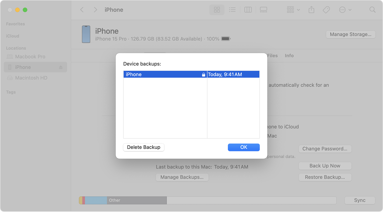 A Finder window showing the date and time of the last encrypted backup