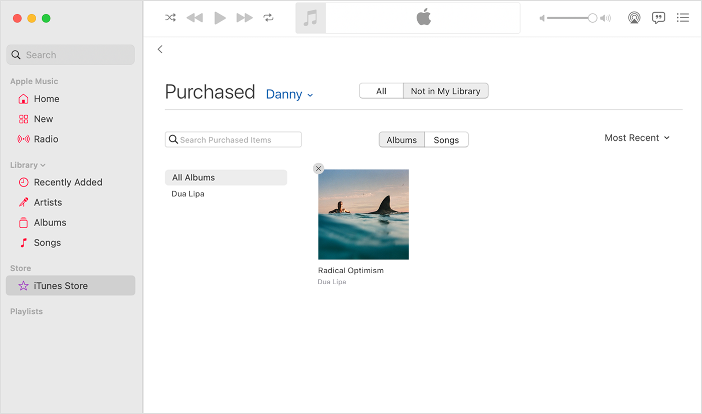 تطبيق Apple Music على Mac يعرض زر "إخفاء المشتريات" على عنصر تم شراؤه