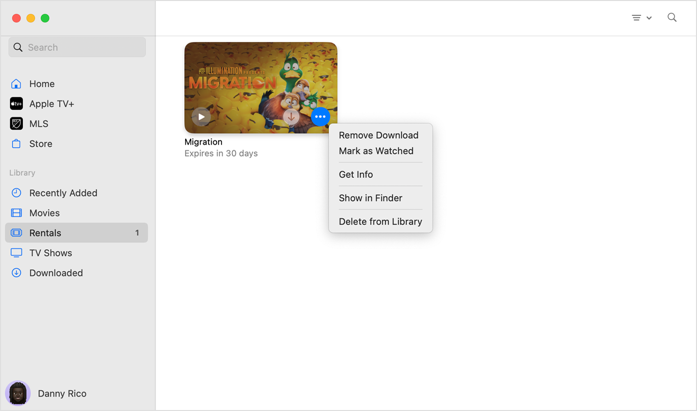 Apple TV app for Mac showing the menu in the More button over a purchased item