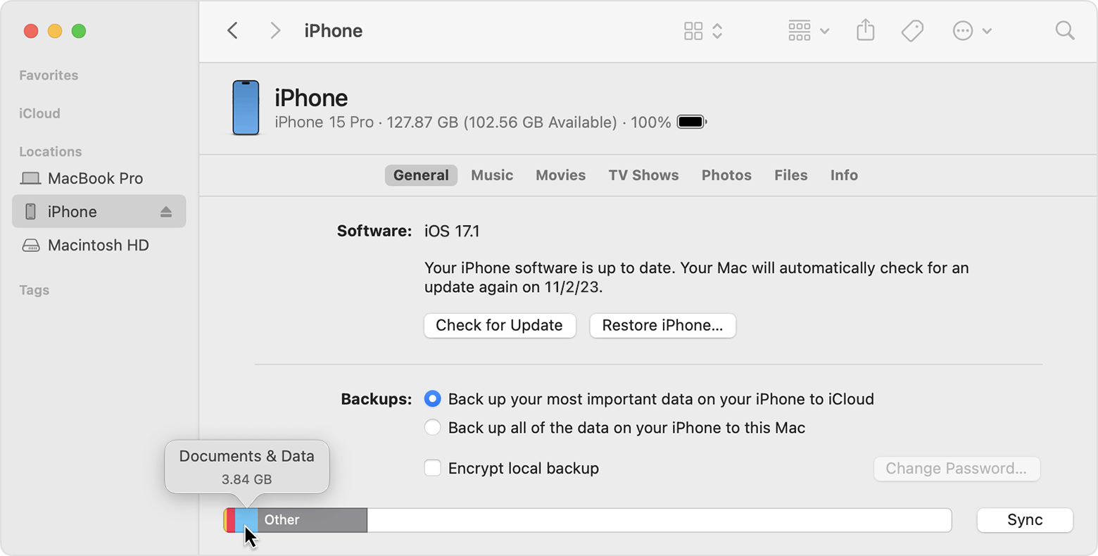 一台 Mac 的屏幕显示了如何使用“访达”检查 iOS 设备上的储存空间