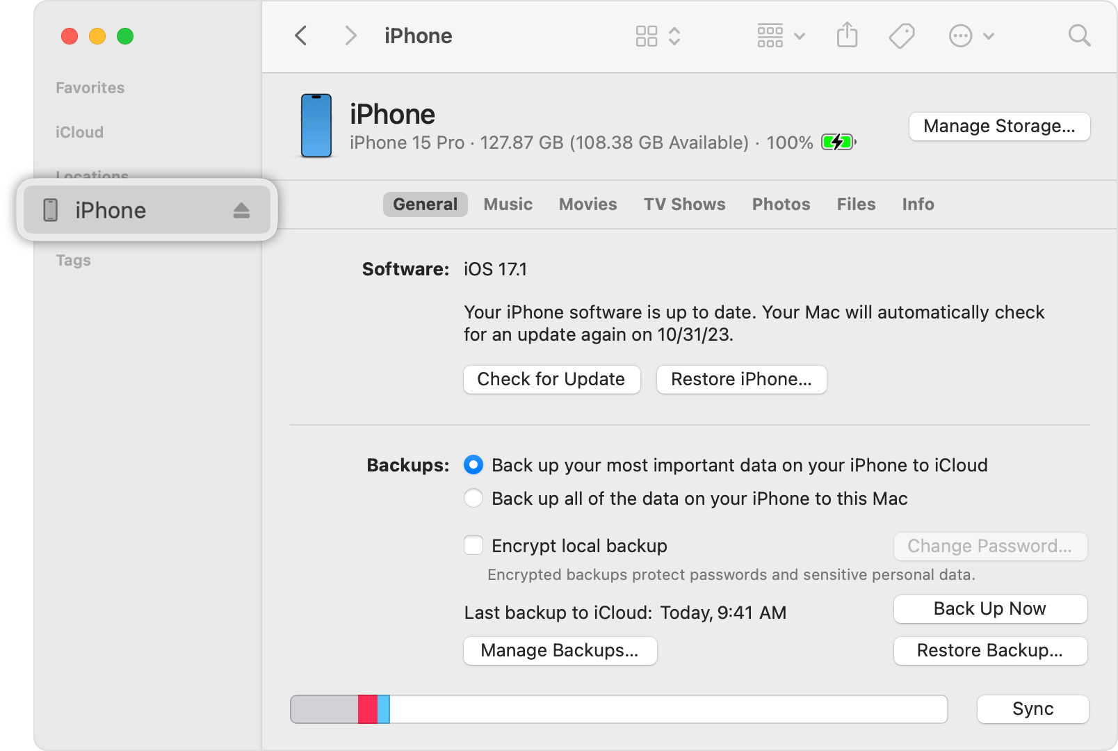 The Finder window showing the name of your connected device in the sidebar