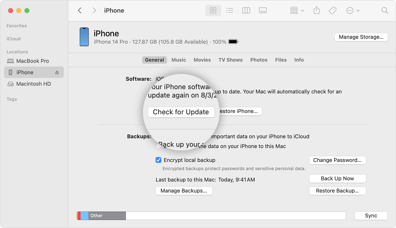 Ein Mac-Bildschirm, der zeigt, wie du im Finder den Speicherplatz auf deinem iOS-Gerät überprüfst