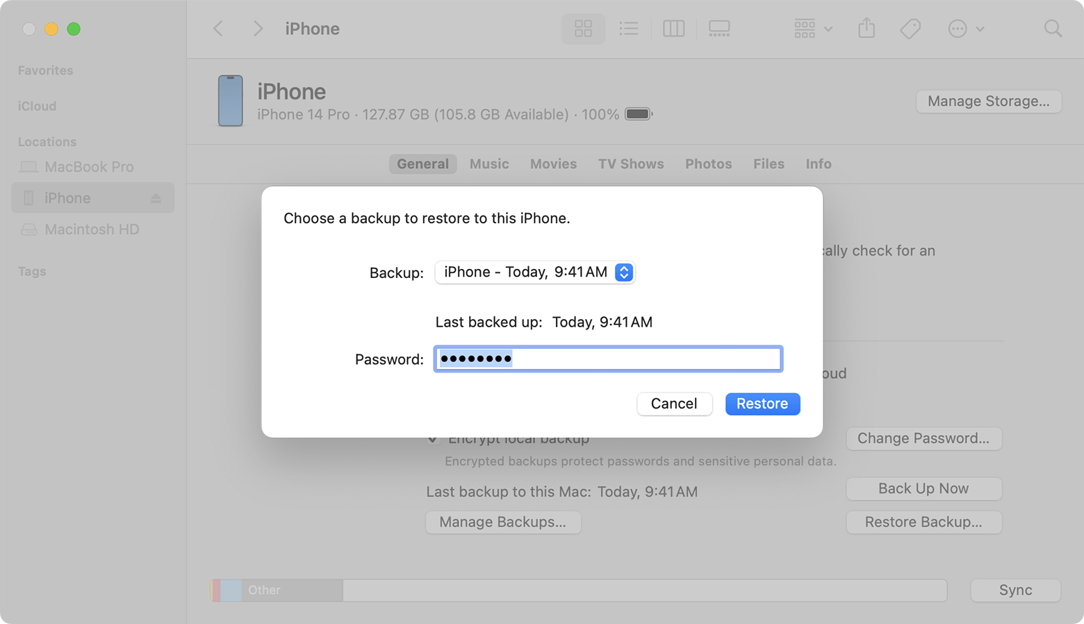 A Finder window showing a prompt to choose a backup and enter your password