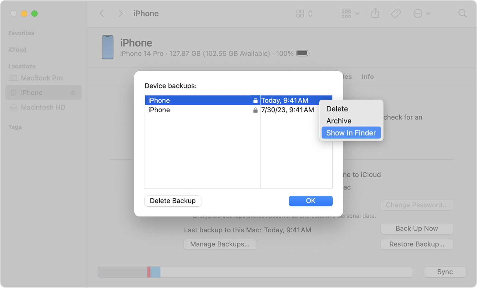 The Finder window with Show In Finder as the selected option