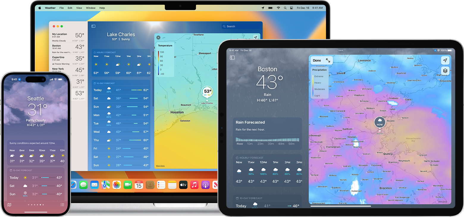 Apple devices showing forecasts, maps, and air quality index