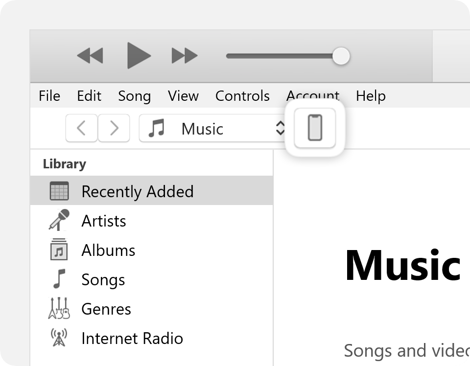 The iTunes window showing an icon of your connected device in the upper-right corner