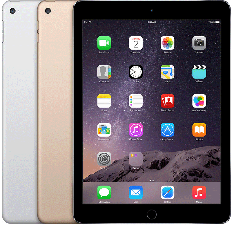 iPad Air 2 has a Home button below the display and a circular rear camera cutout