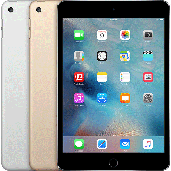 iPad mini 4 has a Home button below the display and a circular rear camera cutout