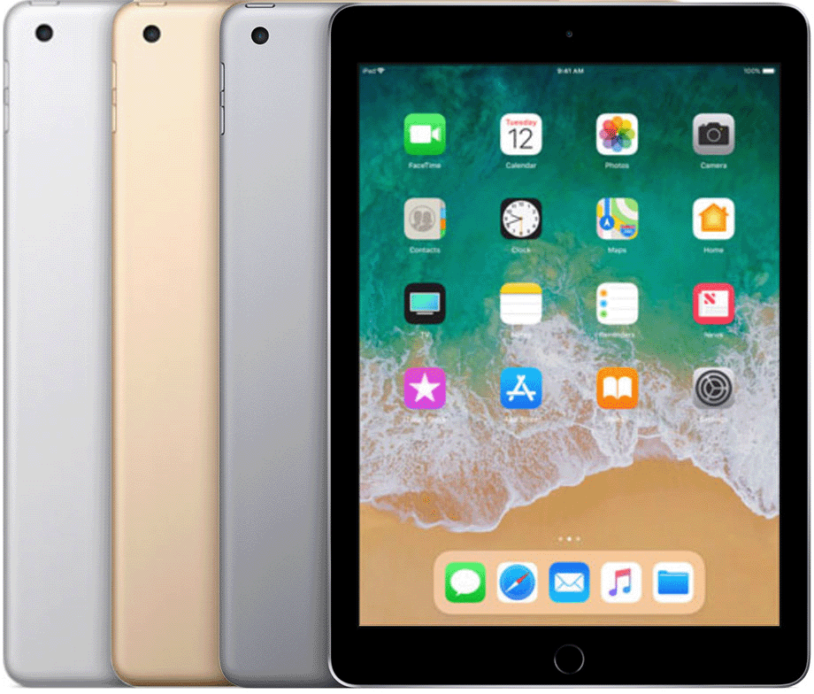 iPad (5th generation) has a Home button and a circular rear camera cutout