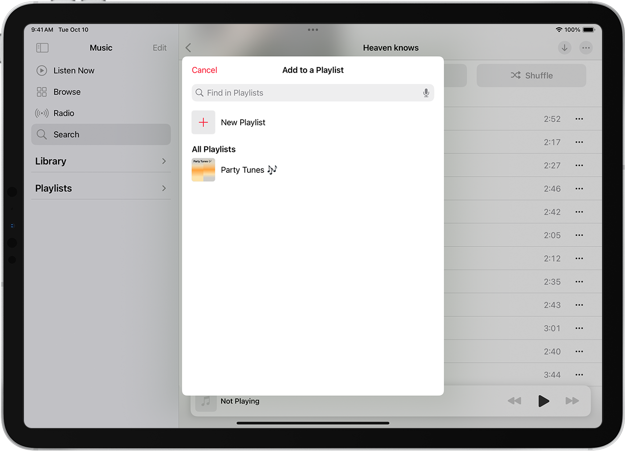 iPad ierīce, kurā parādīta mūzikas pievienošana esošam atskaņošanas sarakstam