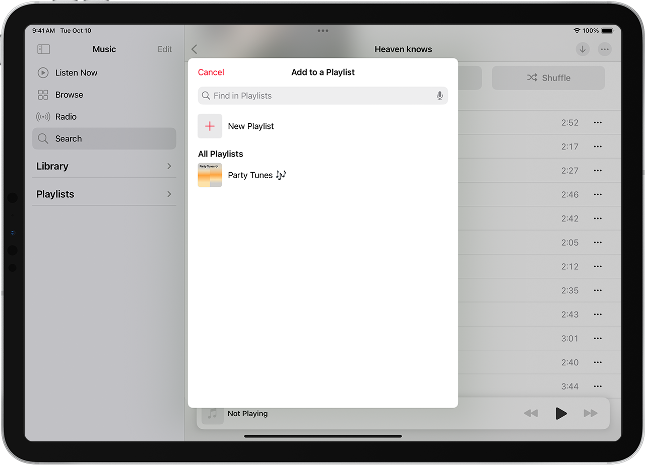 iPad showing adding music to an existing playlist