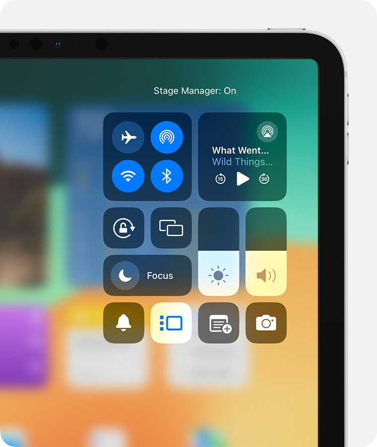 An iPad with Control Center open and the Stage Manager button selected.