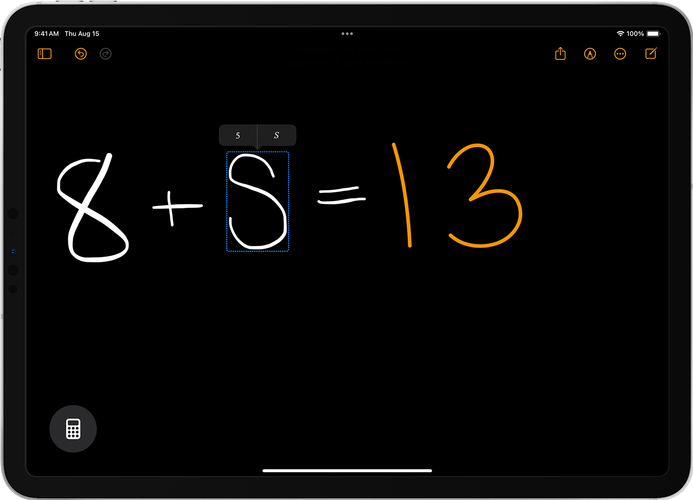 An iPad displaying the equation "8 + an ambiguous character" in Math Notes. The ambiguous character is surrounded by a blue dotted line, and there's an option to select either an S or 5 to clarify the ambiguous character.