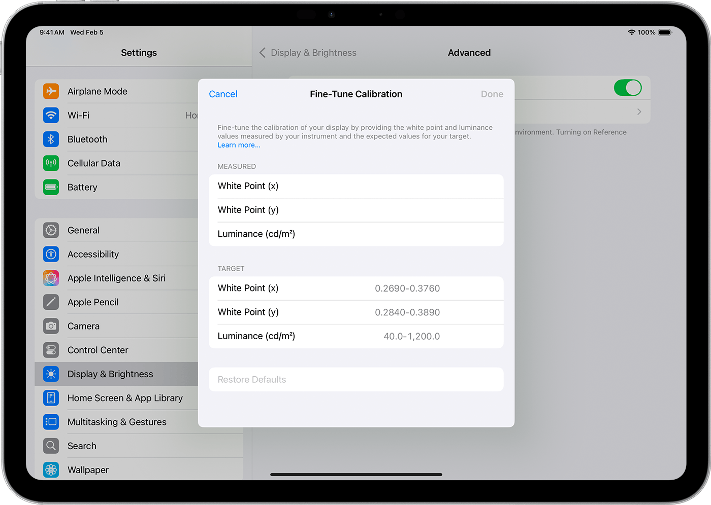 An iPad showing the Fine-Tune Calibration settings, where you can adjust the measured and target white point and luminance.