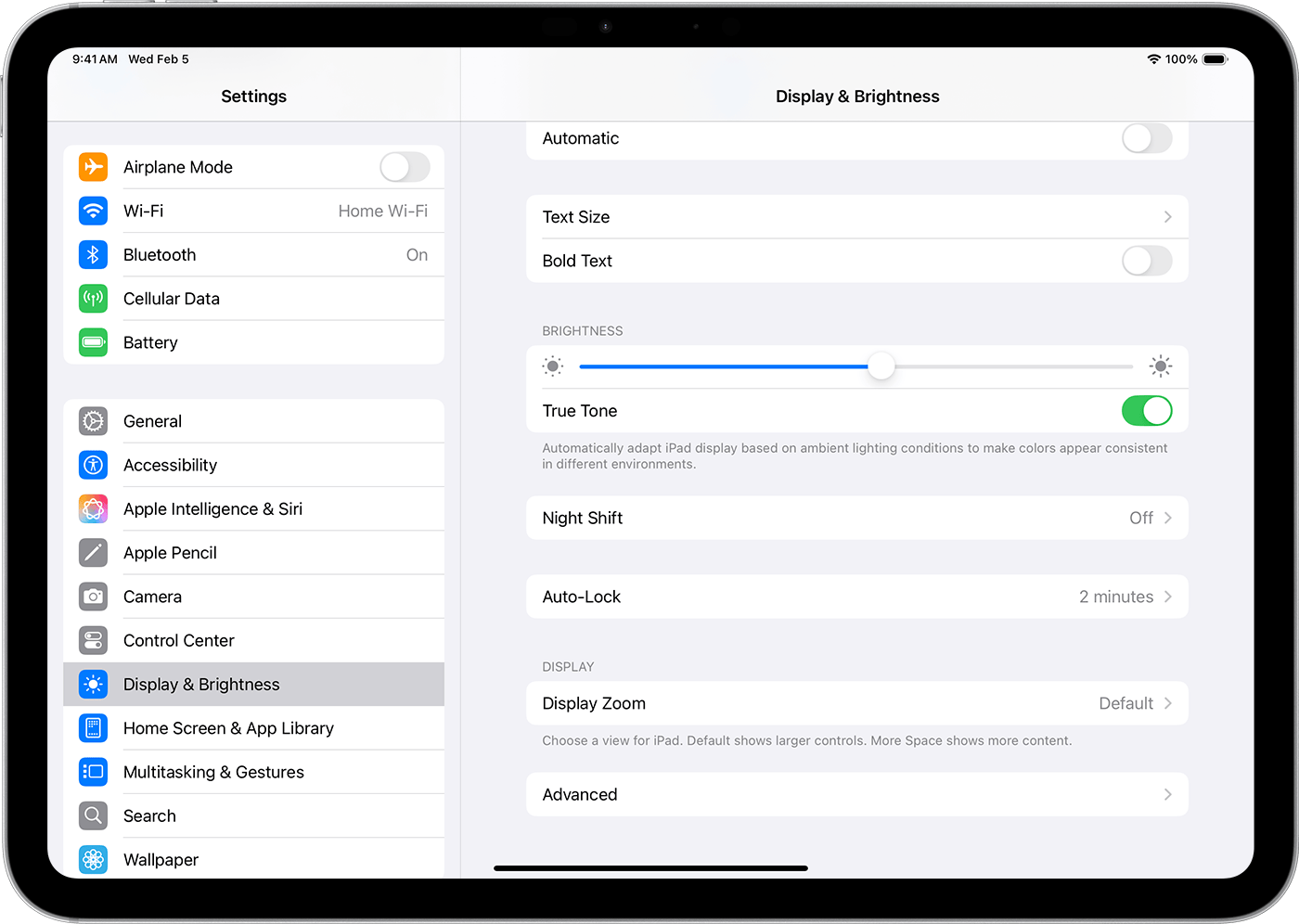 An iPad showing the Display & Brightness settings.