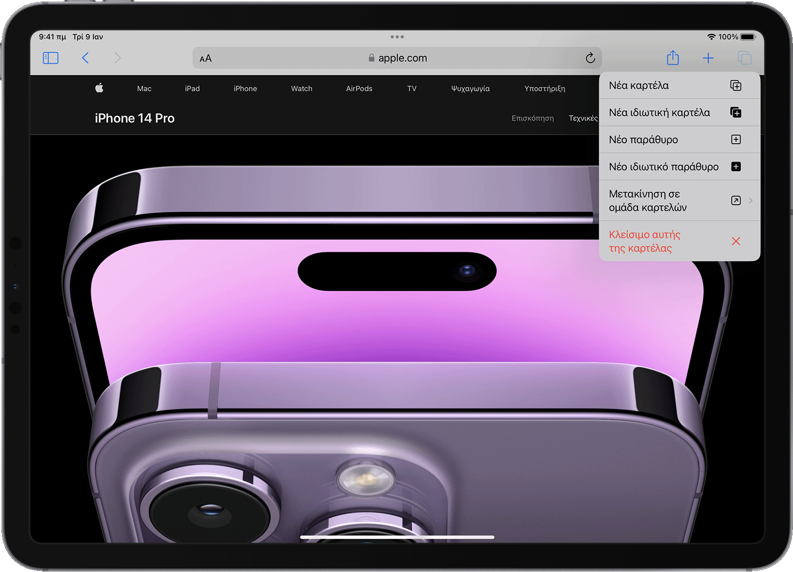 iPad με το μενού επιλογών καρτελών του Safari ανοιχτό