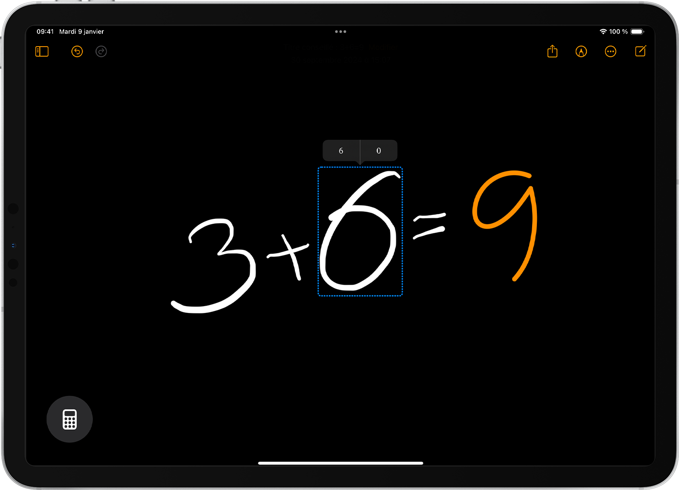 iPad affichant l’équation « 8 + un caractère ambigu » dans Notes mathématiques. Le caractère ambigu est entouré d’une ligne bleue en pointillés, et une option permettant de sélectionner un S ou un 5 pour remplacer le caractère ambigu s’affiche.