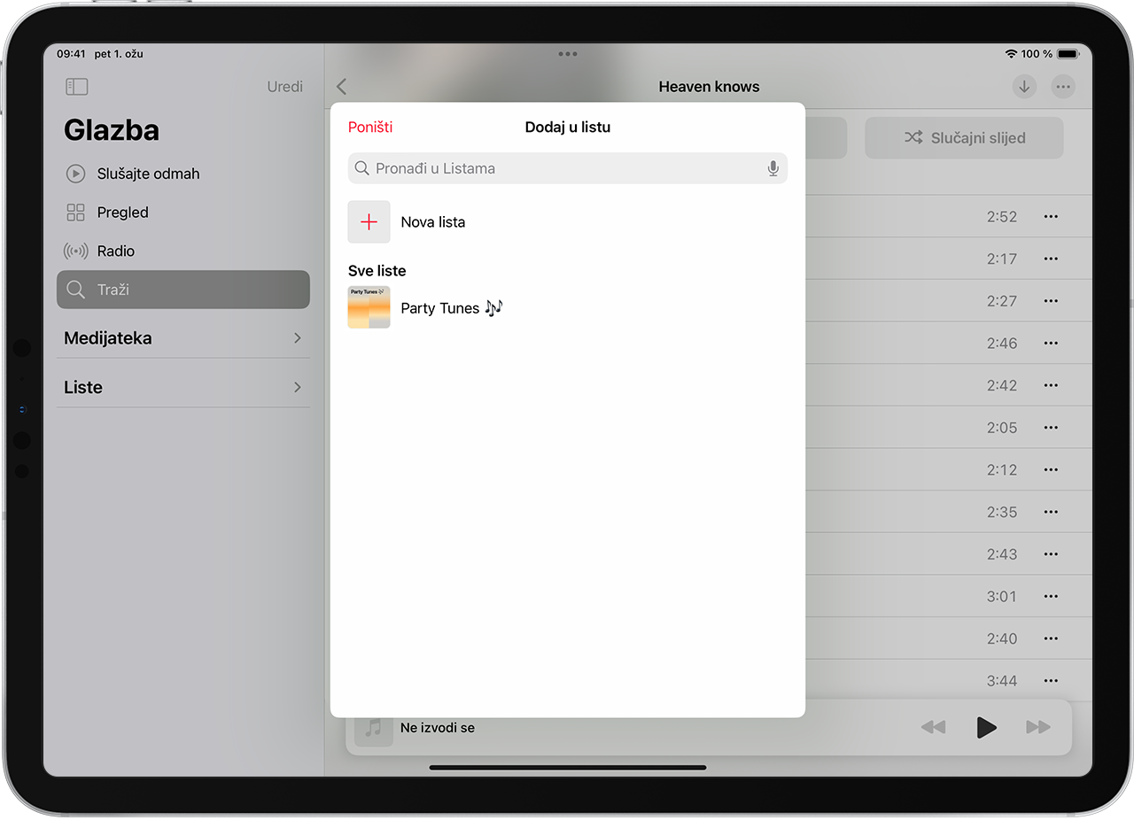 iPad prikazuje dodavanje glazbe u postojeći popis za reprodukciju