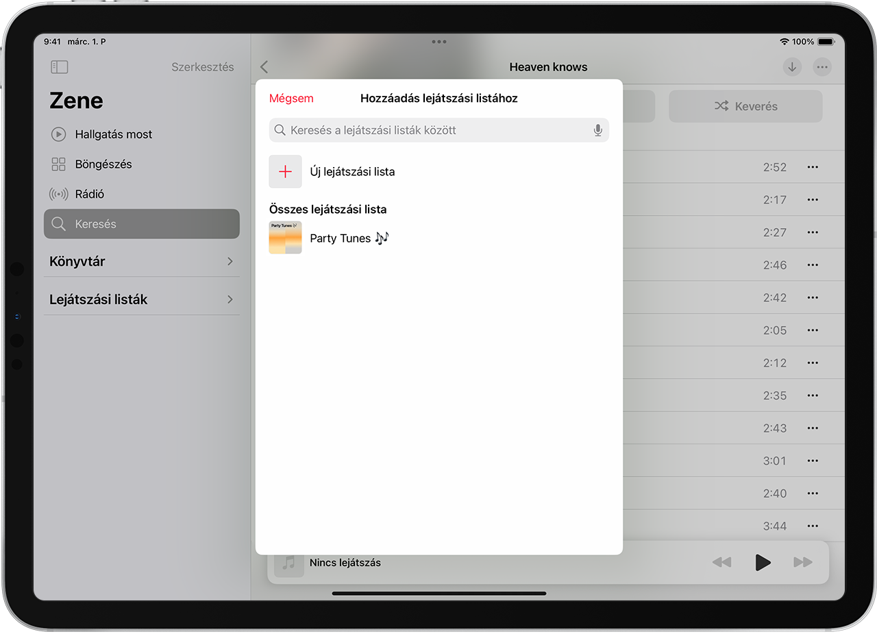 Egy iPaden zene hozzáadása egy meglévő lejátszási listához