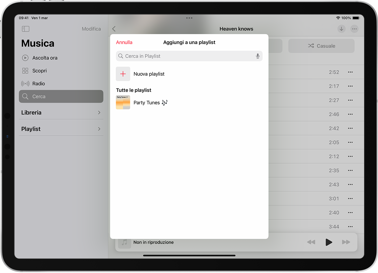 iPad che mostra l’aggiunta di musica a una playlist esistente
